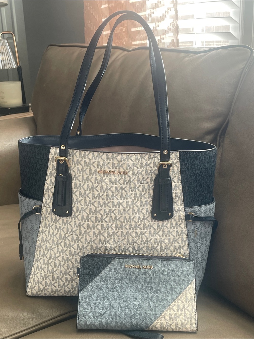 Michael Kors Blue, White and Navy Signature Tote with matching wallet